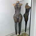 High Street Mesh Spider Web Tight Jumpsuit Performance Dance Costume Luxury Rhinestones Nightclub Bar Stage Leotard