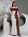 Sexy off shoulder ruffle tight bandage long dress women's Slash collar long sleeved elegant dress wedding dinner Gowns
