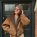 Women's Brown patchwork Hooded Jacket With Faux Fur Lining Fashion Horn Button Bomber Coat Lady Winter Casual Outerwear