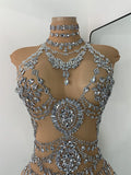 Sparkly Rhinestonnes Mesh Transparent Bodysuit Sexy Women Performance Nightclub Stage Outfit Luxury Festival Costume
