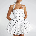 Spliced Lace Up Prom Dresses for Women Halter Sleeveless High Waist Dot Printing Sexy Fashionable Puff Dress Female