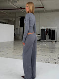 White Ribbed Knit Two Piece Set for Women Slim Button Accent Cardiagns Low Waist Loose Pant Suit for Casual Outings