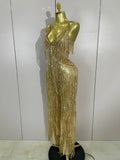 Sparkly Gold Rhinestones Sequins Fringe Jumpsuit Women Sexy Nightclub Party Birthday Outfit Show Singer Stage Perform Costume