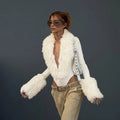 Women 2026 Fall Deep V Neck Furry Cuff Long Sleeve Short Jumpsuit Slim Fit Romper Shorts For Nightclub Date Evening Party Wear