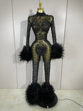 Luxury Diamond Black Mesh Transparent Stretchy Long Sleeve Jumpsuit Women Sexy Performance Singer Costume Nightclub Outfit