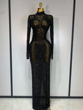 Sparkly Luxury Rhinstones Long Sleeve Elegant Party Dress Women 2025 Performance Stage Outfit Evening Birthday Prom Gown