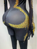 Stock Women Sexy Club Evening Party Wear Drag Queen Singer Dancer Stage Performance Costume Sparkly Rhinestone Stretch Jumpsuit