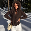Women Hooded Knit Cardigan Sweater Coat Fluffy Faux Fur Collar Two Way Zip Solid  Loose Casual Jacket 2026 Autumn Winter