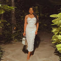 Sexy Pearl Beading Sequin Hollow Bodycon Spaghetti Strap Evening Party Dresses Women Birthday Vestidos Fashion Clothing
