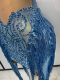 Sparkly Blue Rhinestone Tassel Mesh See Through Dress Pole Dancer Singer Outfit Women Sexy Evening Party Club Stage Costume