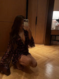 Elegant Flora Painted Ruffle Mini Dress Women Chic Full Sleeve Deep V-neck Slim A-line Short Robe 2026 Lady Vacation Street Gown
