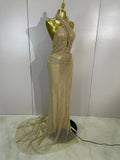 Luxury Shining Diamond Gold Mesh Backless Maxi Long Dress Women Elegant Photoshoot Evening Party Birthday Photoshoot Stage Wear