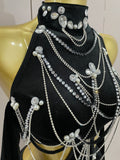 2025 Women Sparkly Diamonds Tassels Chain Balck Sexy Halter Backless Long Dress Evening Birthday Party Celebrate Stage Costume