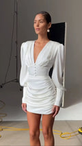 Sexy Women Deep V Puff Long Sleeve Satin Dress Solid Waist-cinching Design Ruched Slim Fit Dresses Elegant Party Lady Gowns 2026