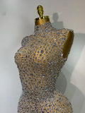 Sparkly Gold Rhinestone Sleeveless Stretch Long Dress Women Sexy Mesh Celebrate Evening Prom Birthday Dress Photo Shoot Wear