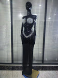 Women Sexy Off the Shoulder Mesh See Through Shining Rhinestone Bodycon Long Dress Gloves Celebrate Evening Party Cocktail Wear
