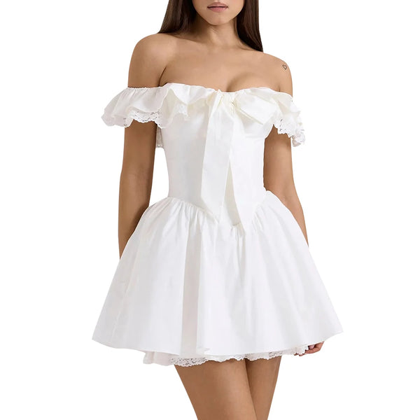 Solid Spliced Bowknot Slimming Mini Dresses For Women Slash Neck Sleeveless High Waist Temperamnet Dress Female New