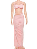 Bandage Ruched 2 Piece Set Women Square Collar Bra+Skinny Long Skirts 2025 Summer Vacation Beach Party Trend Suits