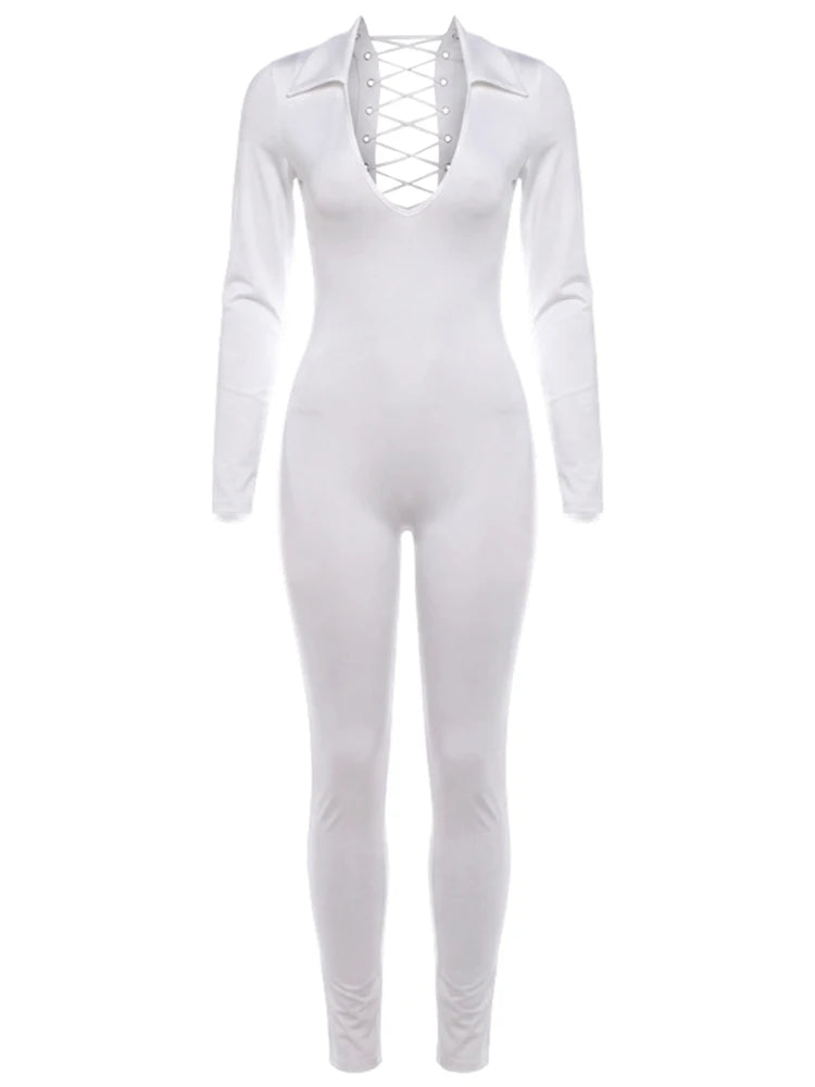 Cross Bandage Hollow Design Jumpsuits Woman o-Neck Full Sleeve Backless Skinny Peach Hip Sexy Club Party Overalls
