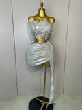 Newest  Sparkly Silver Sequins Sexy Strapless Short Dress Two Pcs Set Women Party Birthday Nightclub Singer Dancer Stage Wear