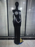Women Sexy Off the Shoulder Mesh See Through Shining Rhinestone Bodycon Long Dress Gloves Celebrate Evening Party Cocktail Wear