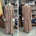 Boho Colorful Stripe Midi Skirt Set Turn Down Collar Single Breasted Long Sleeve Shirt Fitted Waist Flowy Women Skirts Outfits