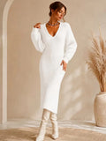 Women Knit Midi Dresses V Neck Bubble Sleeve Fuzzy Bodycon Elegant Party Daily Outfit Autumn 2026