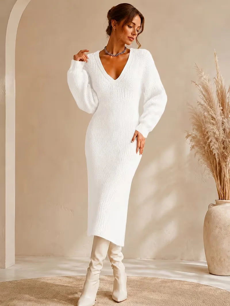 Women Knit Midi Dresses V Neck Bubble Sleeve Fuzzy Bodycon Elegant Party Daily Outfit Autumn 2026