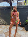 Women Orange Sequin Mini Dress Starfish Fish Applique Sheer Backless Halter Mesh Short Dress Lady Beach Party Vacation Vestidos