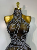 Women Luxury Black Mesh See Through Crystal Diamond Bodycon Dress Sexy Evening Party Club Nightclub Dress Singer Stage Costume