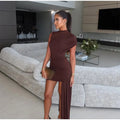 Irregular Brown Lace Uppleated Maxi Dresses Elegant Women's Full Sleeve Slim Fit Patchwork Robes 2025 New Evening Party Gowns