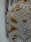 High Quality Women Sexy Rhinestone Pearl Mesh Transparent Dress Birthday Celebrate Dress Evening Party Dance Performance Costume