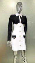 Women's Gold Button Black White Color Matching Dress Fashion Personality Bandage Evening Gown Performance Costume Abiti Da Festa