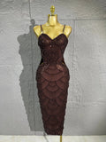 Women Dark Brown Spaghetti Strap Beaded Sequins Midi Dress Suitable for Formal Dinners, Cocktail Parties, Guests and Party
