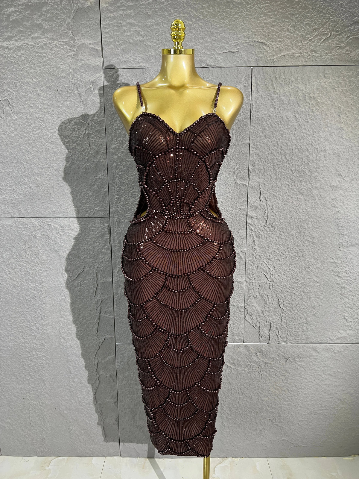 Women Dark Brown Spaghetti Strap Beaded Sequins Midi Dress Suitable for Formal Dinners, Cocktail Parties, Guests and Party