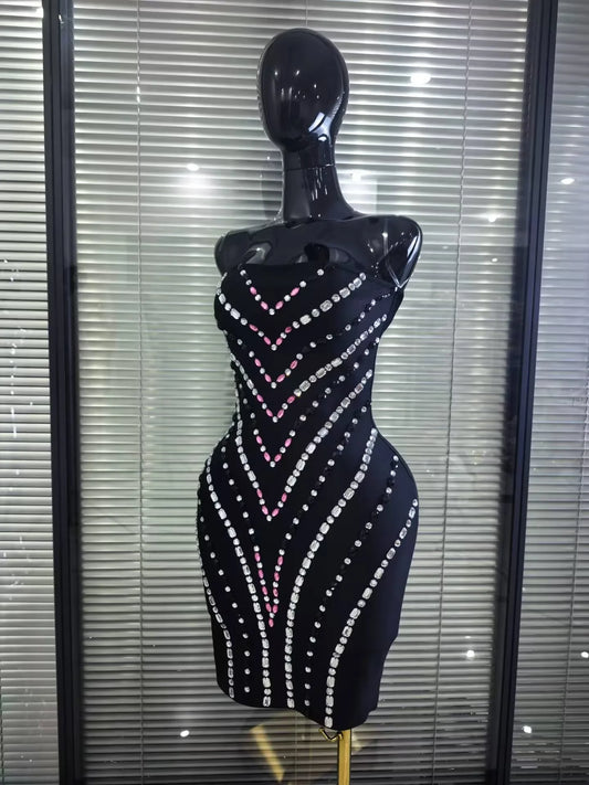 Top Quality Women Sexy Strapless Shining Rhinestones Bodycon Mini Bandage Dress Nightclub Party Birthday Celebrate Outfit