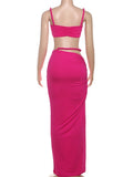 Bandage Ruched 2 Piece Set Women Square Collar Bra+Skinny Long Skirts 2025 Summer Vacation Beach Party Trend Suits