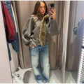 Women Olive Green Fur Collar Oversized Long Sleeve Fuzzy Trim Open Front Knit Cardigan Sweater Fall 2026 Casual Trendy New Wears
