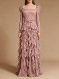 Wedding Guest Pink Square Collar Lace Maxi Dress for Women Corset Bodice Long Sleeve Tiered Ruffle Skirt for Luxury Dinner