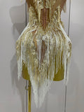 Women Sexy Stretch Mesh Sparkly Rhinestone Tassels Mini Dress Nightclub Singer Dance Stage Costume Evening Gowns