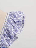 Fashionable Retro Printed Short Dresses for Women Deep Neck Ruffles Sleeve High Waist Patchwork Puff Dress Female Clothing
