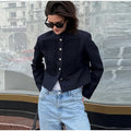 Women Woven Patchwork Napoleon Jacket Shoulder Pad Long Sleeve Hook Closure Street Blazer 2026 Spring Chic Casual Edgy Crop Coat
