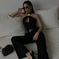 Sexy Hollow Metal Ring Crop Top Women Halter Tanks Black Off Shoulder Short Vest Female Summer Slim Backless Streetwear