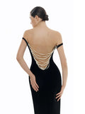 2026 New Sexy Pearl Bead Tassel Slim Long Dress Women'S Off Shoulder Straps Bodycon Maxi Dress Elegant Evening Party Gown