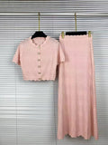 Summer Edge Date White Hollow Knit Two Piece Set for Women Button Accent Crop Top Mermaid Skirt Outfit for Casual Daily Wear