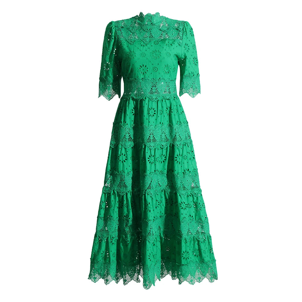Wedding Guest Green Lace High Neck Midi Dress for Half Sleeve Women Cutout Texture Tiered Hem Flowy Skirt for Afternoon Tea