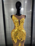 Sparkly Golden Sequiend Women Sleeveless Sexy O-Neck Mesh Bodycon Gowns Dress Elegant Evening Party Celebrity Red Carpet Dress