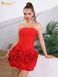 2026 Ladies 3D Flowers Strapless Tight Backless Design Celebrity Club Party Red Sleeveless Sexy Mini Bandage Dress