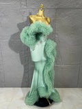 Sexy Mermaid Evening Dress Mint Green Fold Tulle Ruffle Train Rhinestone FoldFormal Gown For Women Pageant Performance Costume