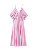 Elegant Backless Evening Dress for Women V Neck Sleeveless High Waist Patchwork Folds Loose Maxi Dresses Female New